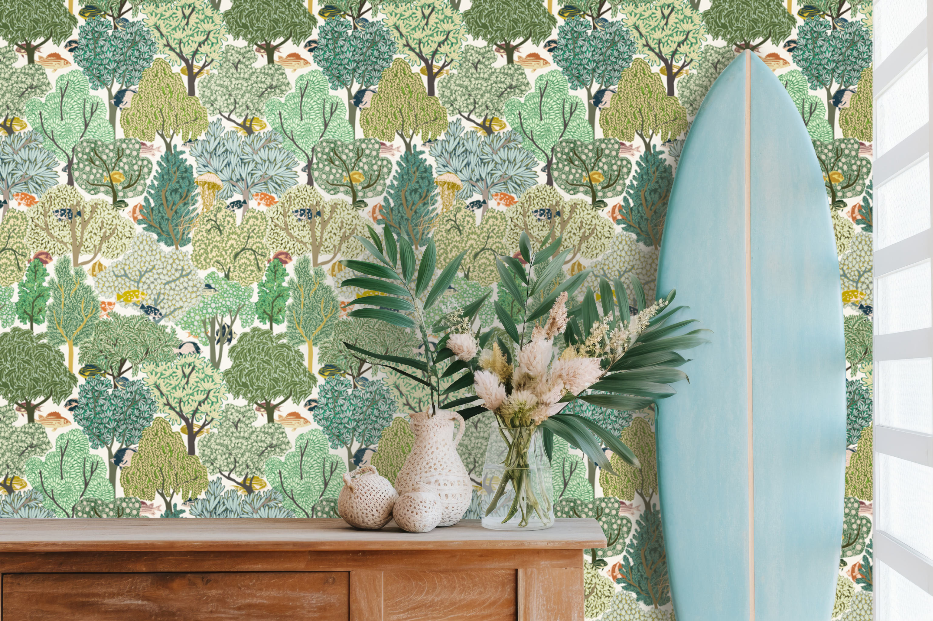 Swim in the Woods Light peel and stick wallpaper room mockup